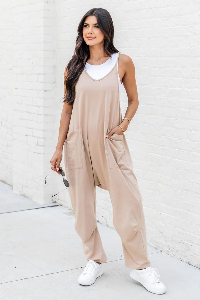Fashion Big Pocket Solid Color Loose Suspender Overalls Women