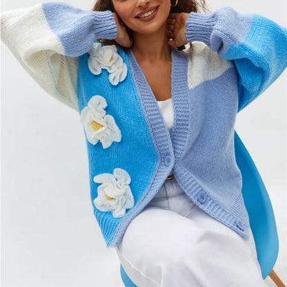 Flower Cardigan Lantern Sleeve Sweater Coat For Women